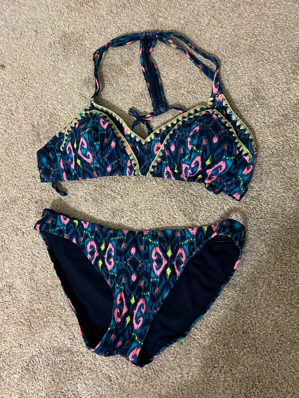Xhilaration Teal Navy & Pink Printed Bikini Top